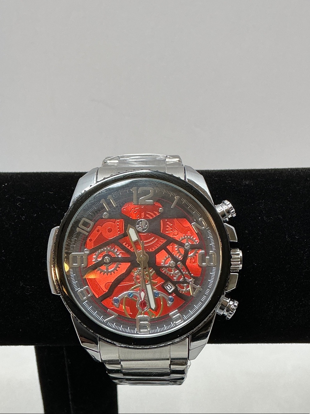 Men's Black Stainless Steel Watch with red Dial Accent